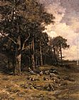 Flock Canvas Paintings - Shepherdess Resting With Her Flock
